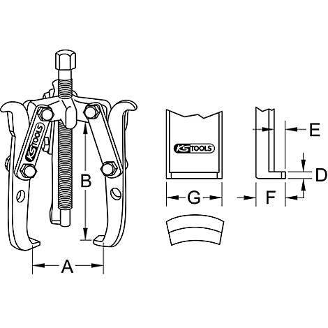 Dreifach-Abzieher für Werkzeuge, mit Maßangaben und Logos.
